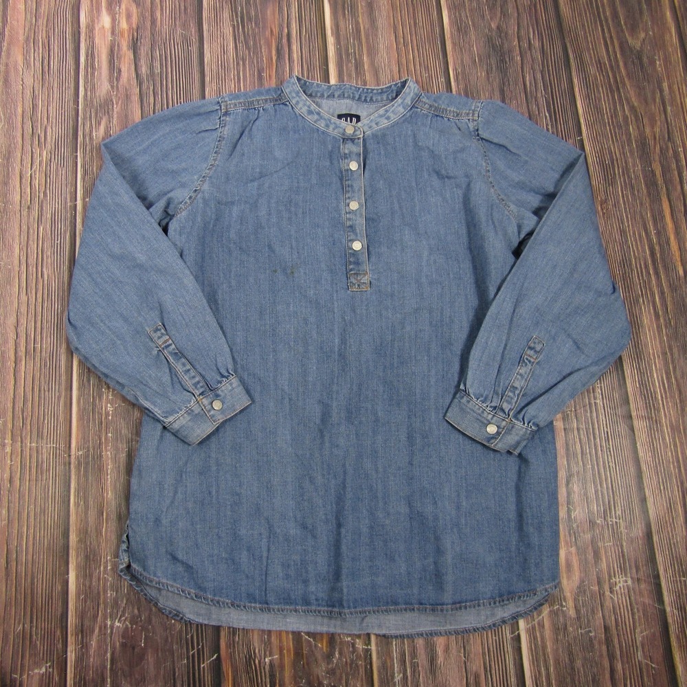 Gap Denim Womens Medium Blue Long Sleeve Henley Tunic Blouse Top Casual